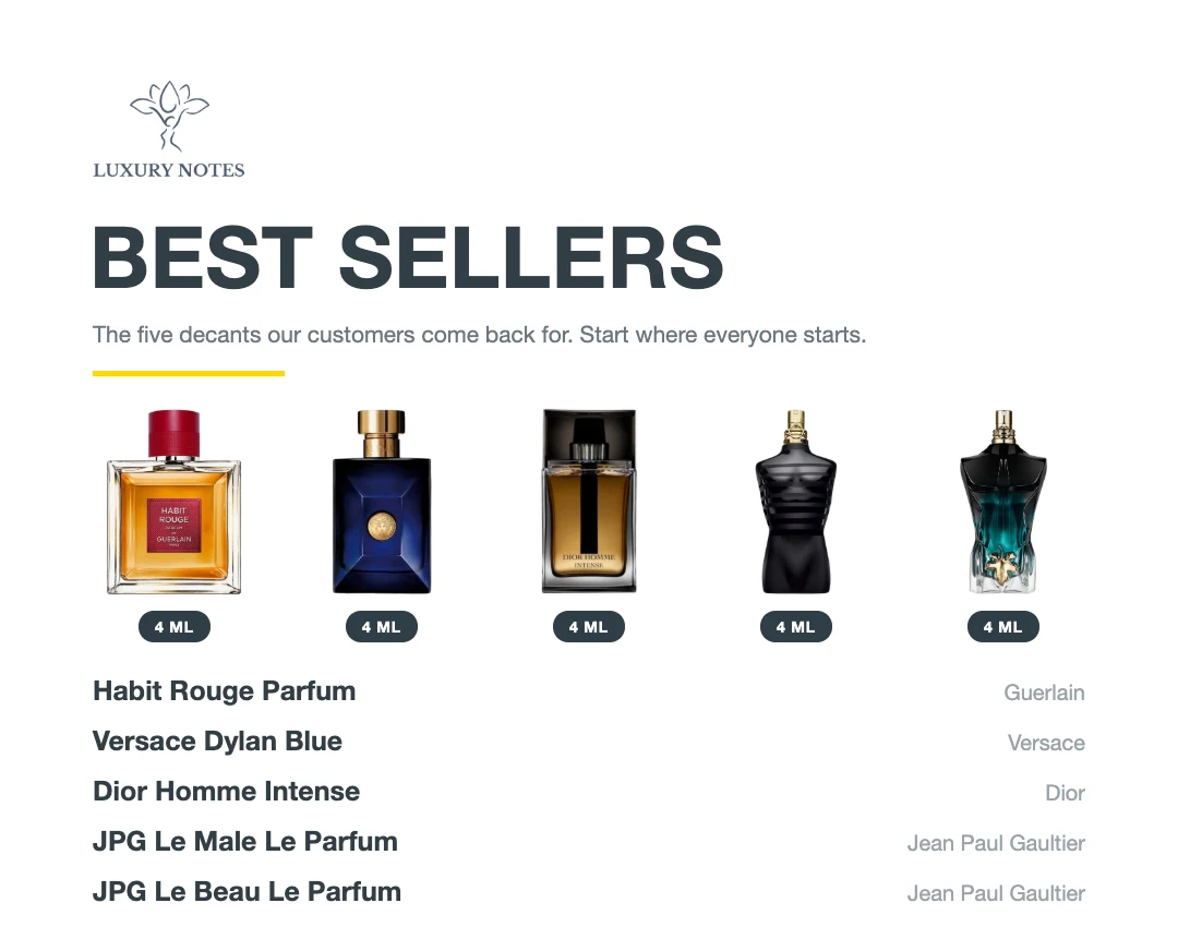 Best Sellers: Habit Rouge Parfum, Versace Dylan Blue, Dior Homme Intense, JPG Le Male Le parfum, JPG Le Beau Le Parfum